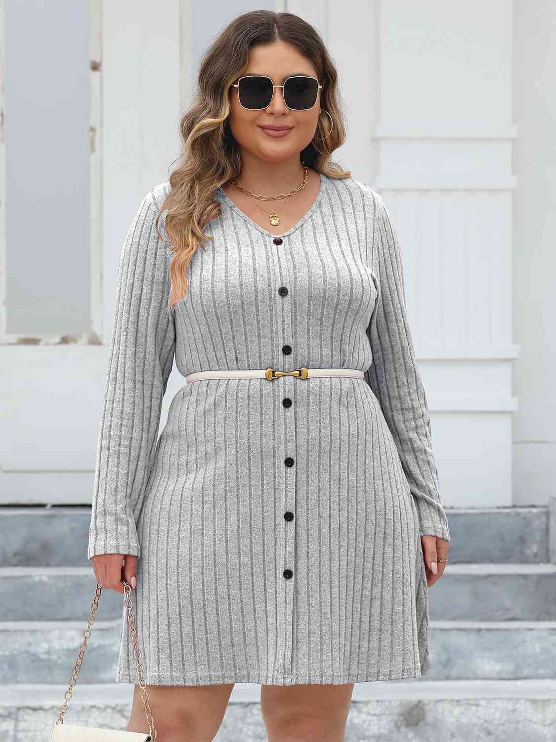 Plus Size Ribbed Buttoned V-Neck Long Sleeve Dress - AllIn Computer