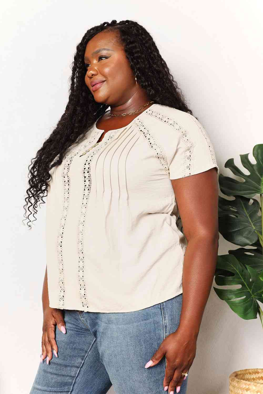 Double Take Crochet Buttoned Short Sleeves Top - AllIn Computer