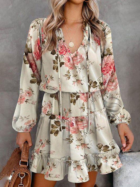 Printed Tie Neck Long Sleeve Dress - AllIn Computer