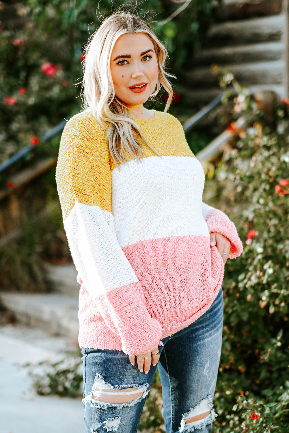 Plus Size Color Block Round Neck Sweater - AllIn Computer