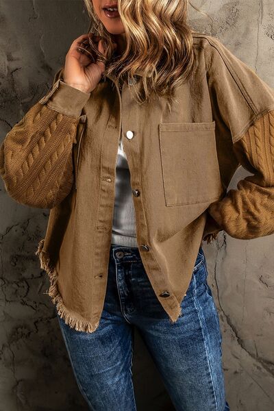 Pocketed Button Up Raw Hem Denim Jacket - AllIn Computer