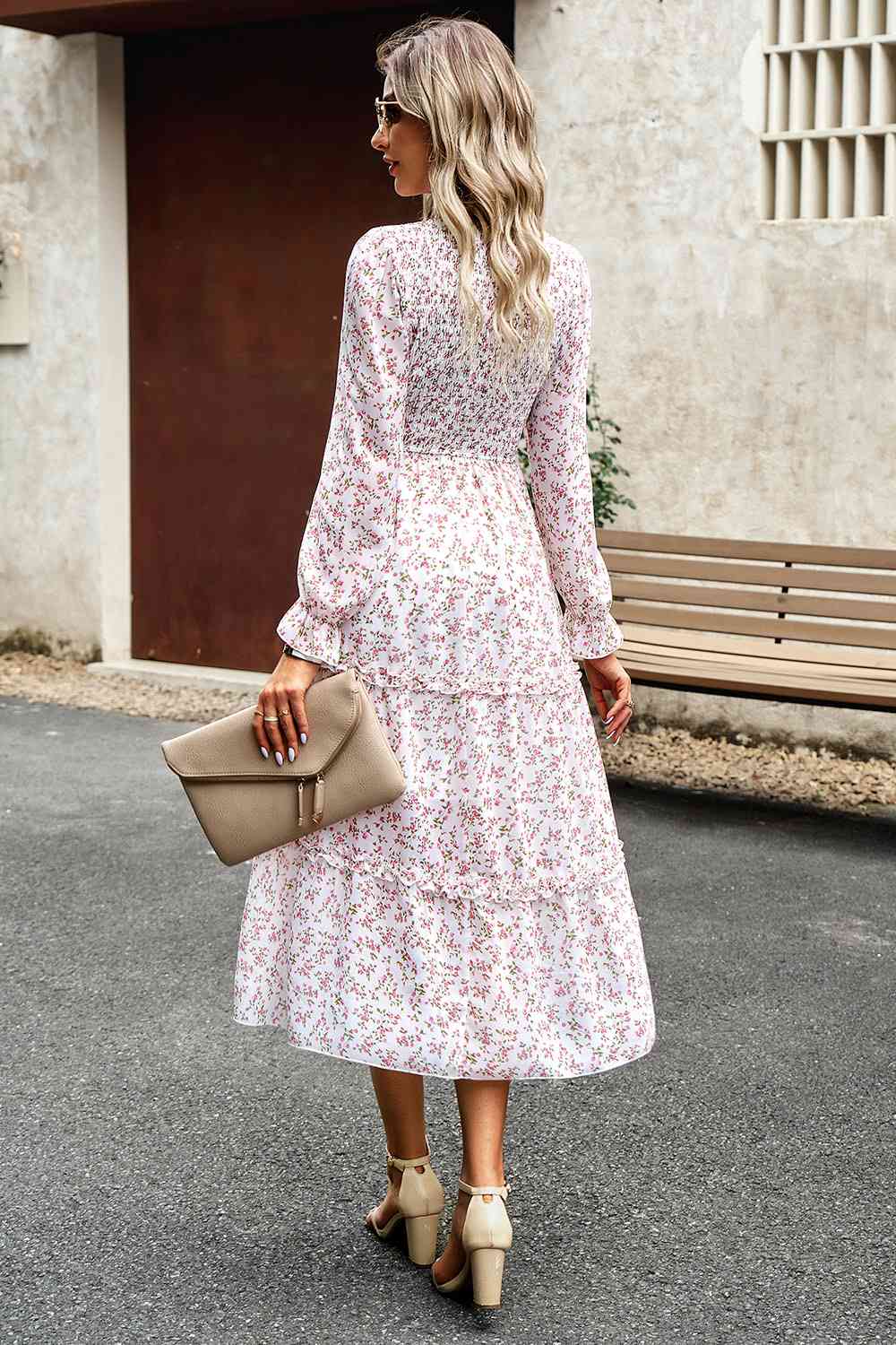 Smocked Flounce Sleeve Midi Dress - AllIn Computer
