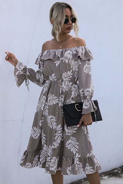 Ruffled Printed Off-Shoulder Midi Dress - AllIn Computer