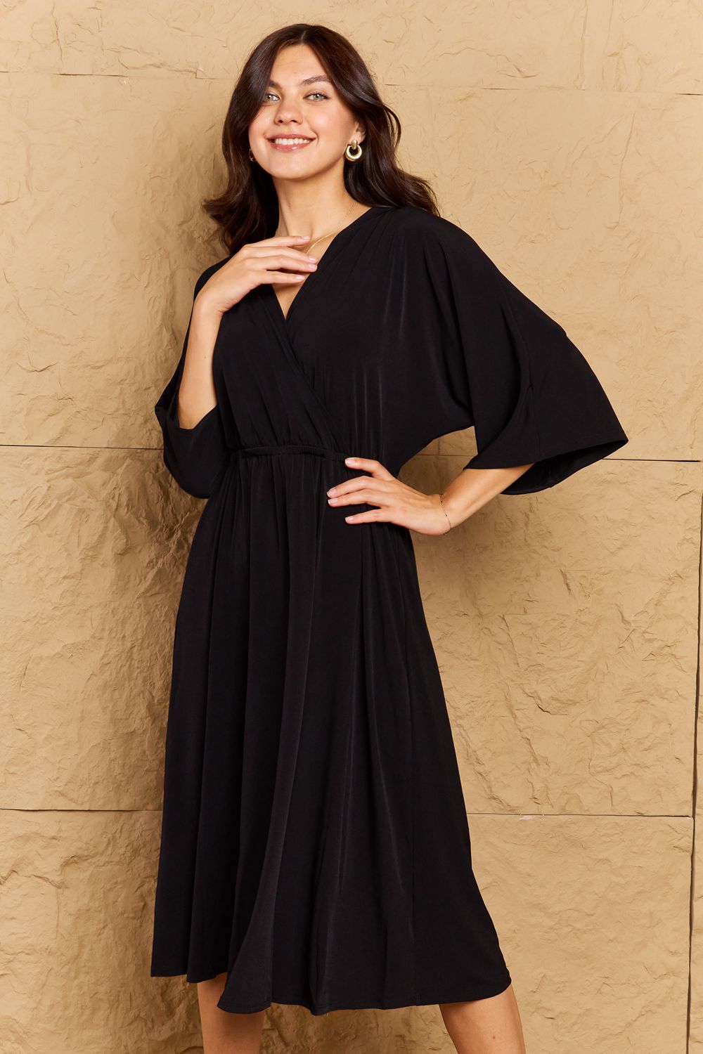 OneTheLand Make Your Move Solid Surplice Midi Dress - AllIn Computer