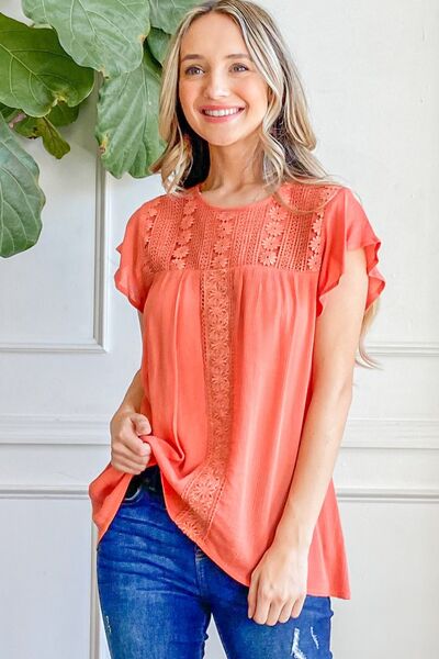 And The Why Lace Detail Ruffle Short Sleeve Blouse - AllIn Computer