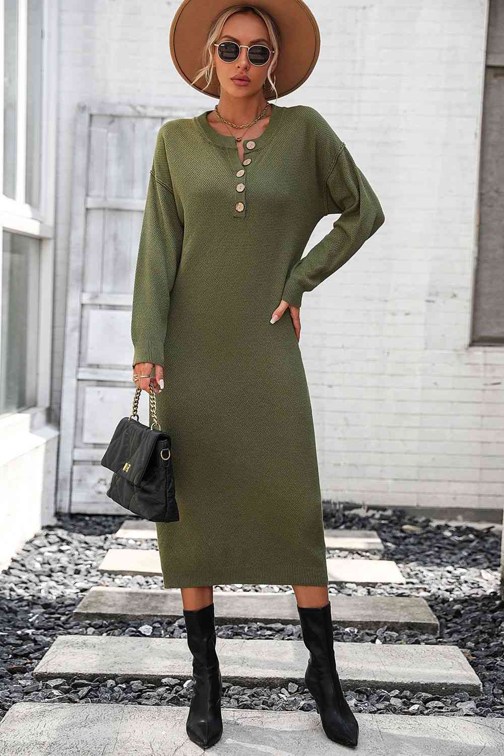 Notched Neck Dropped Shoulder Button-Down Midi Dress - AllIn Computer