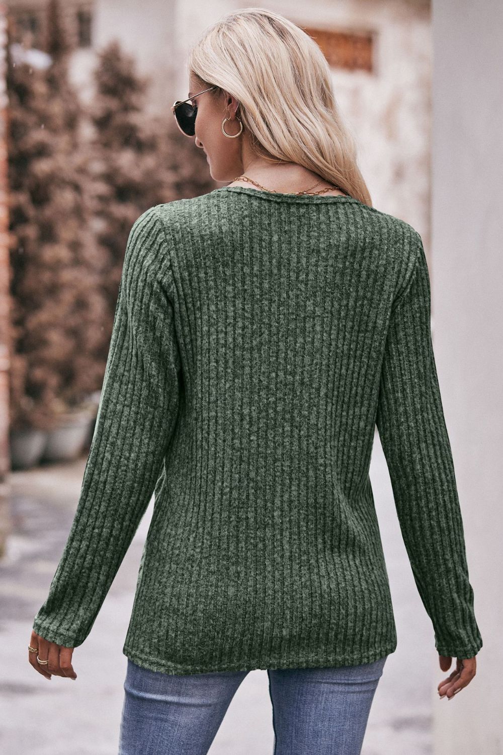 Double Take Ribbed Round Neck Buttoned Tee - AllIn Computer