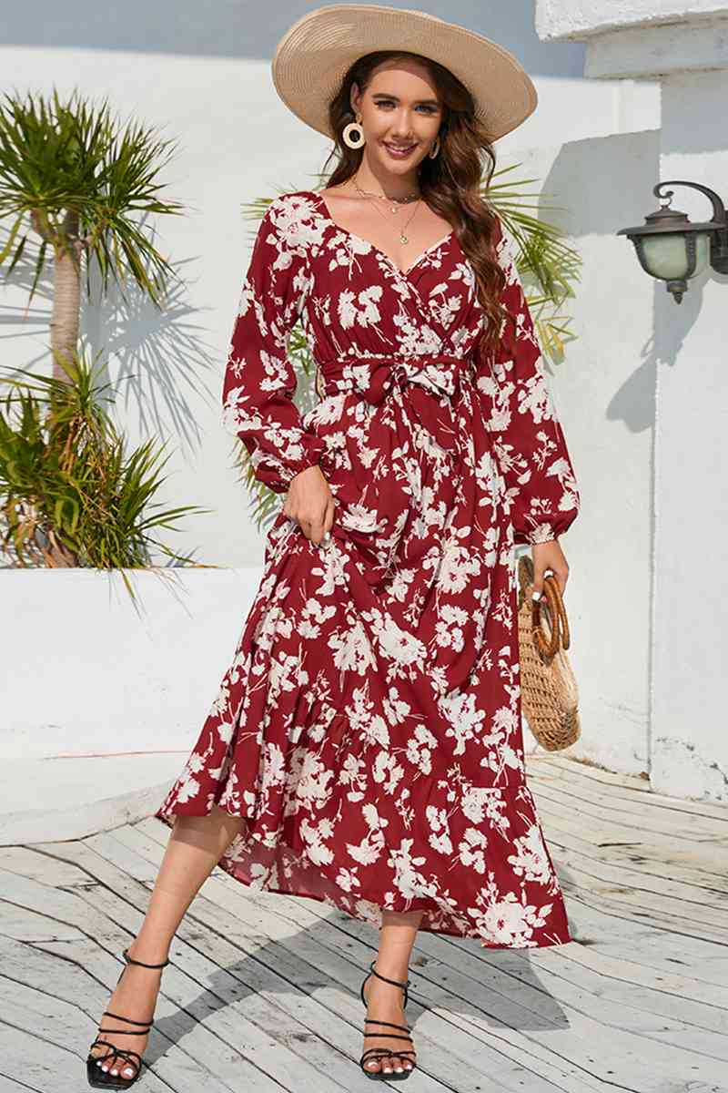 Floral Print V-Neck Long Sleeve Maxi Dress - AllIn Computer
