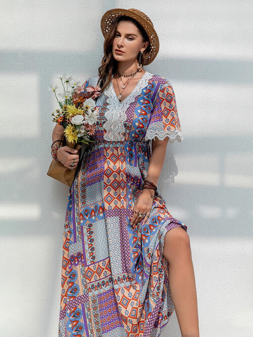 Double Take Plus Size Printed Lace Detail Short Sleeve Dress - AllIn Computer