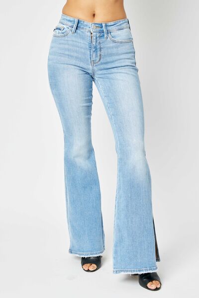 Judy Blue Full Size Mid Rise Raw Hem Slit Flare Jeans - AllIn Computer