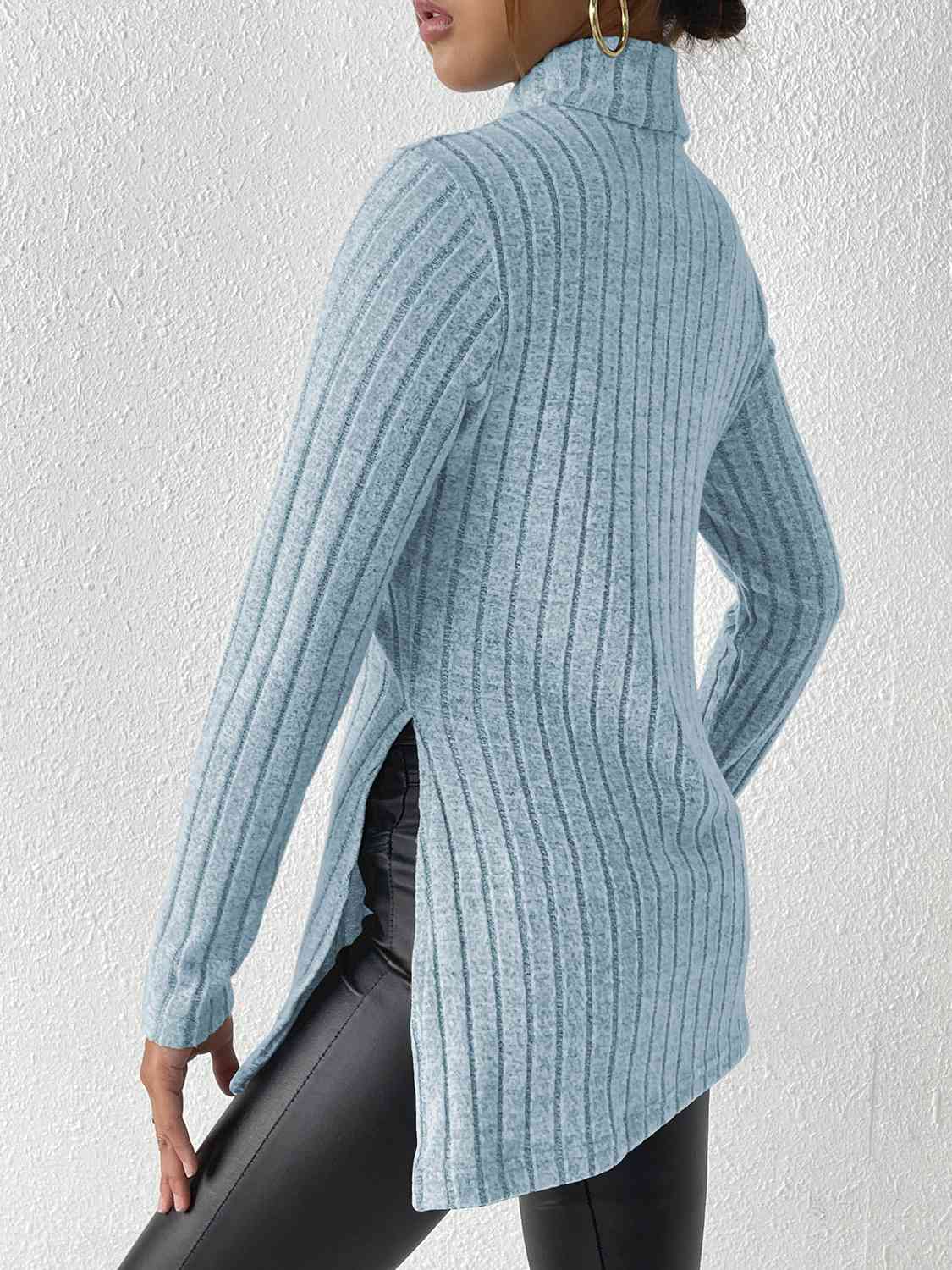 Ribbed Turtleneck Long Sleeve Slit T-Shirt - AllIn Computer