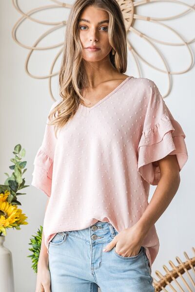 Heimish Full Size Swiss Dot Ruffle Short Sleeve Top - AllIn Computer