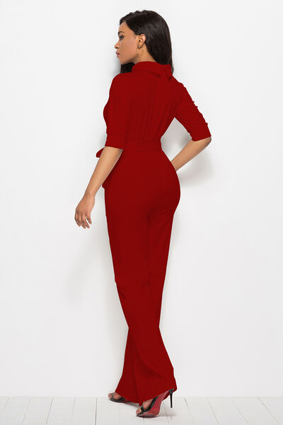 Mock Neck Tie-Waist Half Sleeve Jumpsuit - AllIn Computer