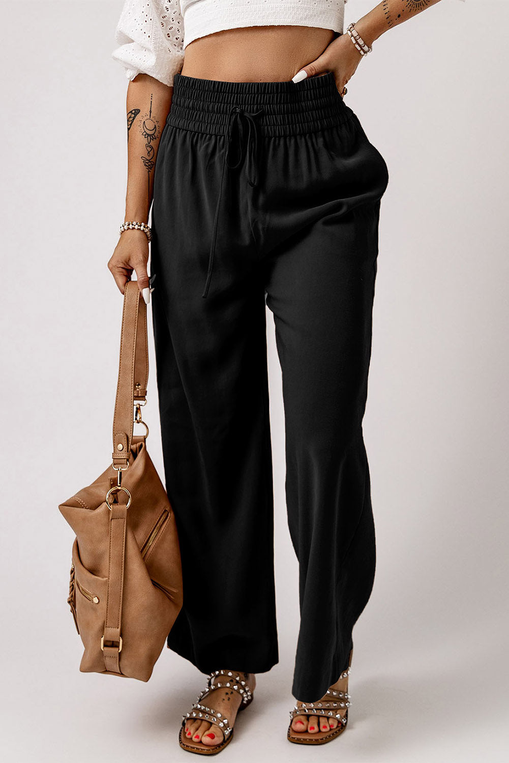 Drawstring Smocked Waist Wide Leg Pants - AllIn Computer