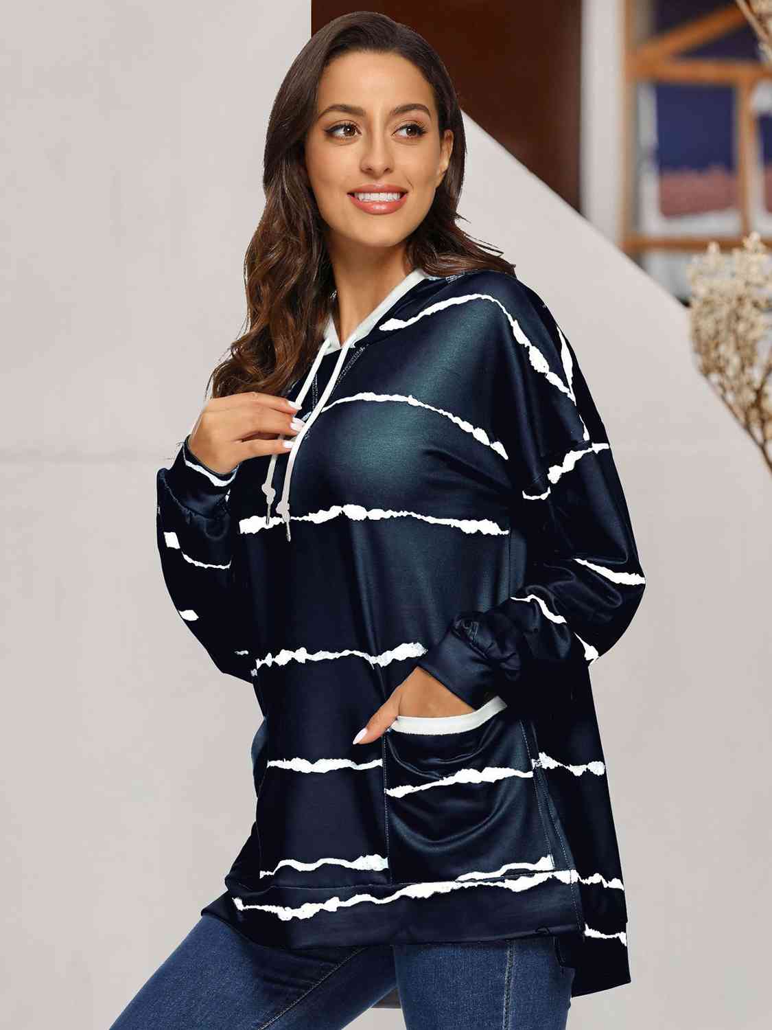 Striped Drawstring Hoodie with Pockets - AllIn Computer