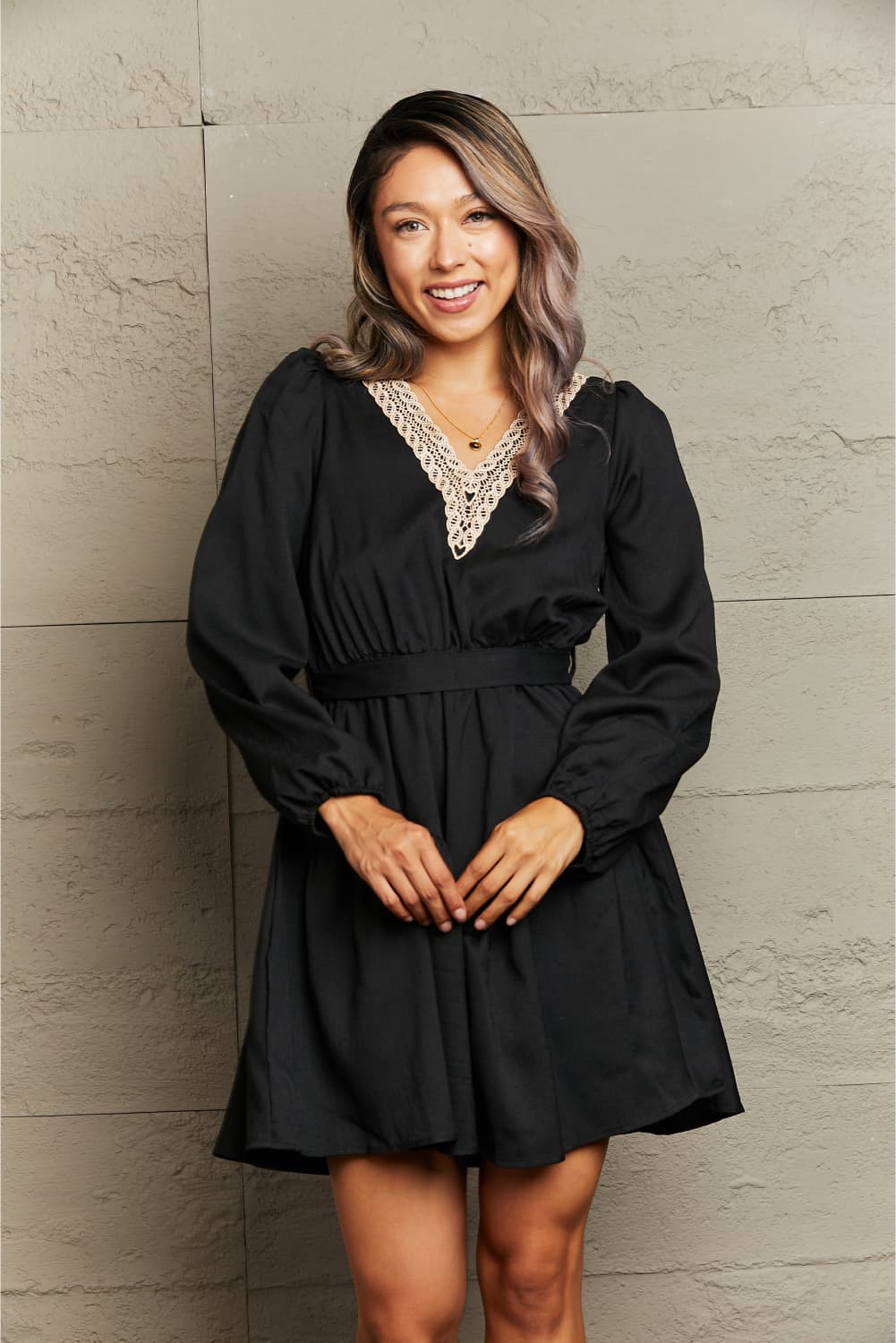 Contrast V-Neck Tie Waist Dress - AllIn Computer