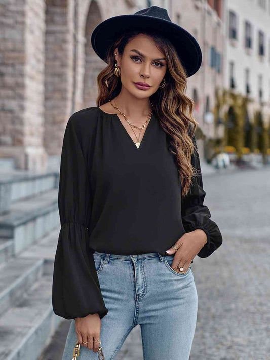 Notched Neck Long Sleeve Top - AllIn Computer