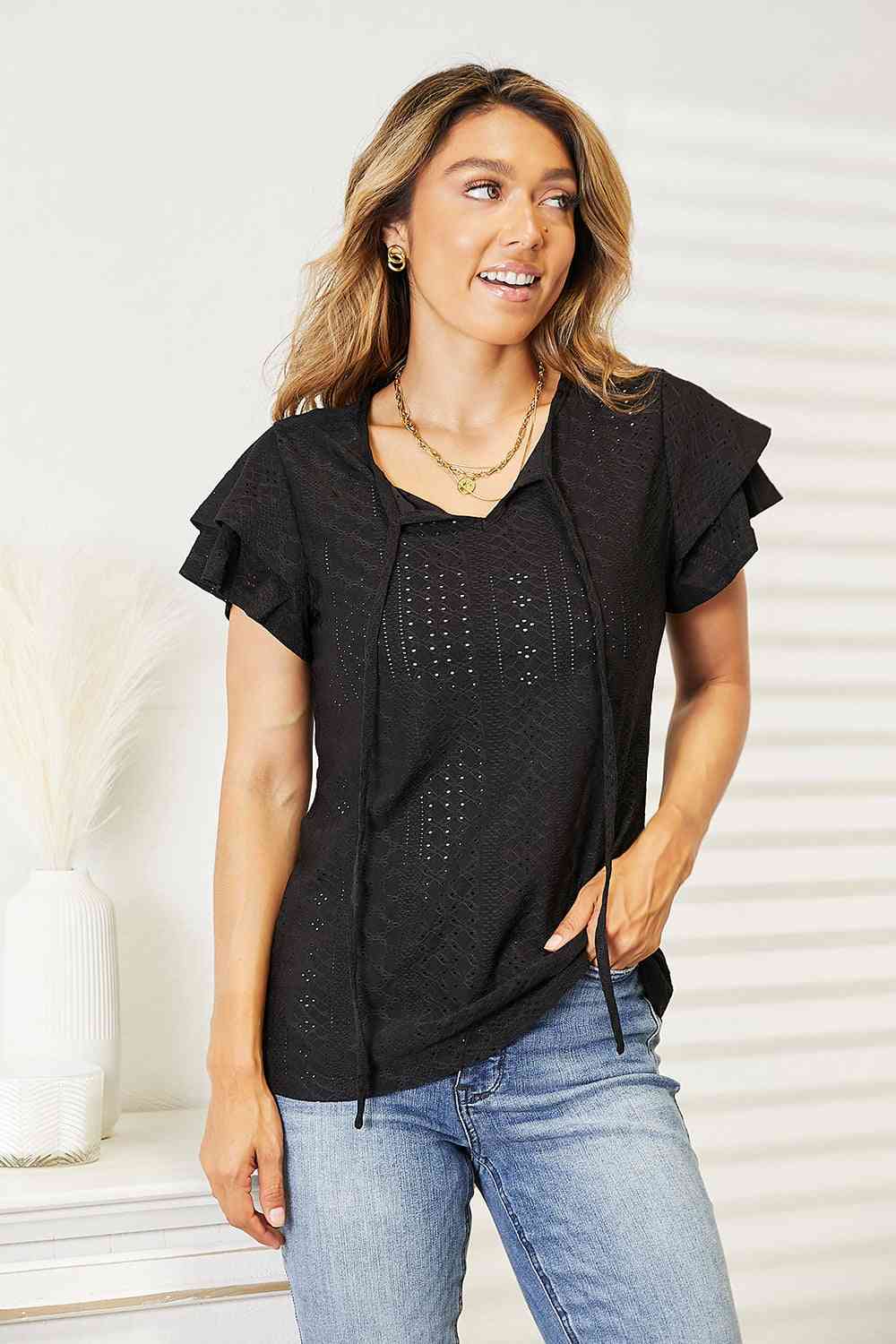 Double Take Eyelet Tie-Neck Flutter Sleeve Blouse - AllIn Computer