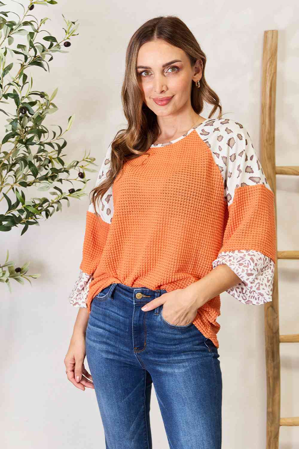 Double Take Leopard Waffle-Knit Long Sleeve Blouse - AllIn Computer