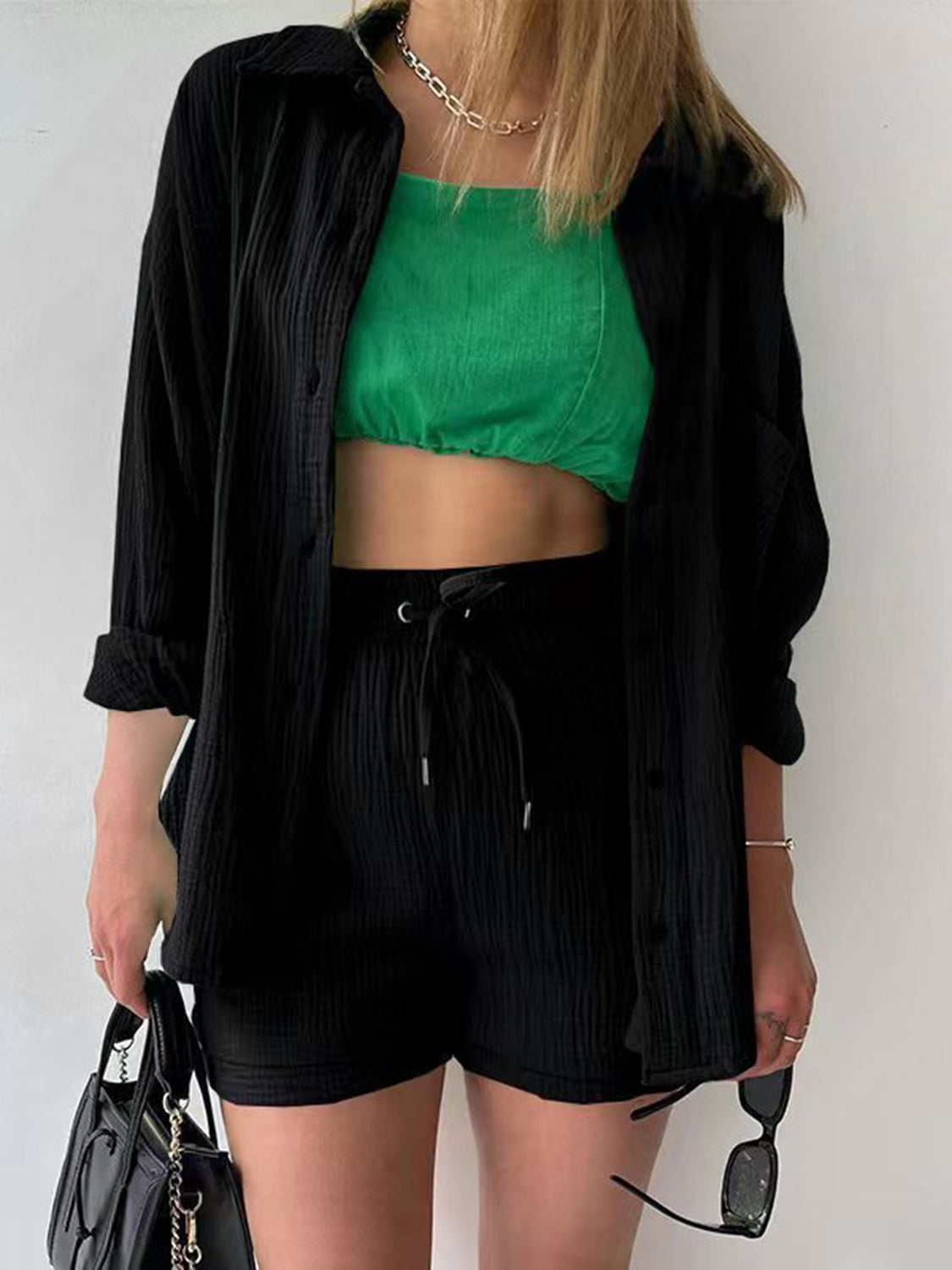 Texture Button Up Shirt and Drawstring Shorts Set - AllIn Computer
