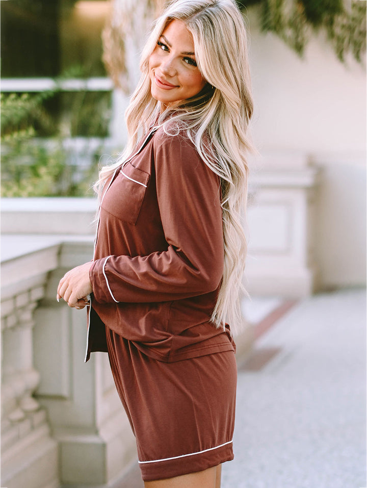 Lapel Collar Long Sleeve Buttoned Top and Shorts Lounge Set - AllIn Computer