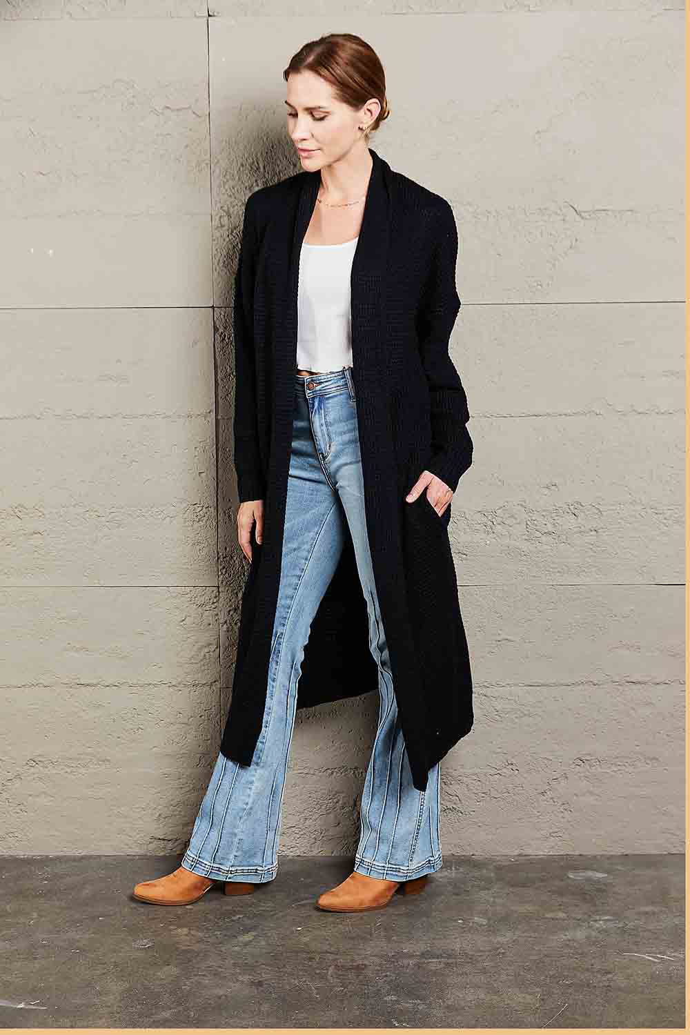 Double Take Waffle Knit Open Front Duster Cardigan With Pockets - AllIn Computer