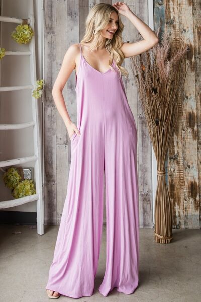 Veveret Pocketed Spaghetti Strap V-Neck Wide-Leg Jumpsuit - AllIn Computer