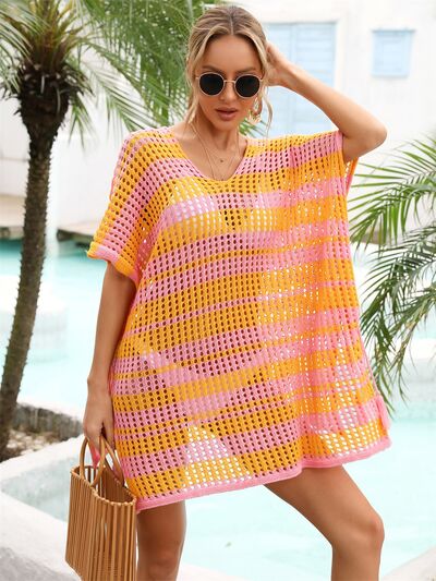 Tassel Openwork Striped V-Neck Cover Up - AllIn Computer