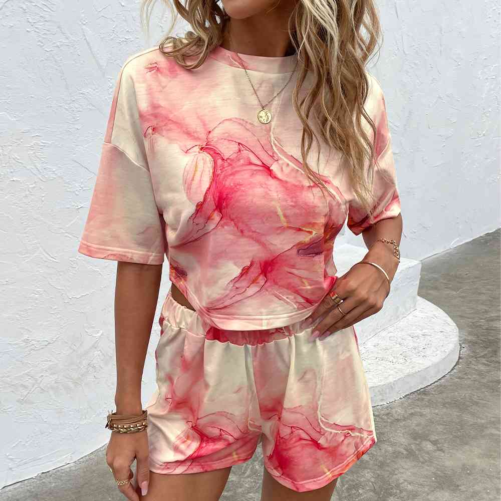 Printed Round Neck Dropped Shoulder Half Sleeve Top and Shorts Set - AllIn Computer
