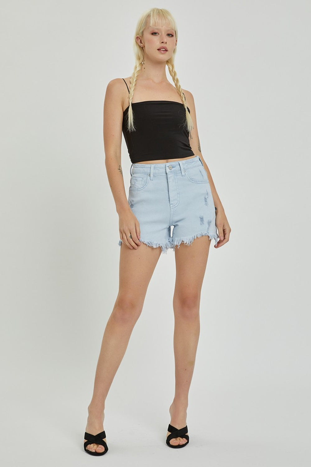 RISEN Full Size High Rise Distressed Detail Denim Shorts - AllIn Computer