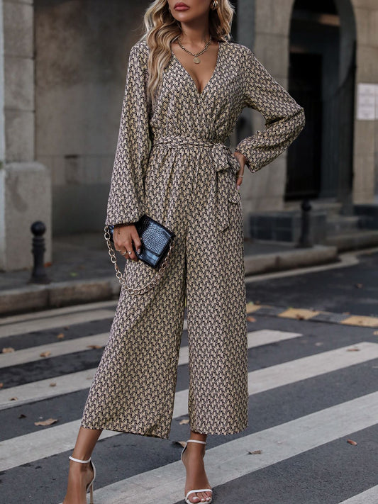 Printed Surplice Neck Tie Waist Wide Leg Jumpsuit - AllIn Computer