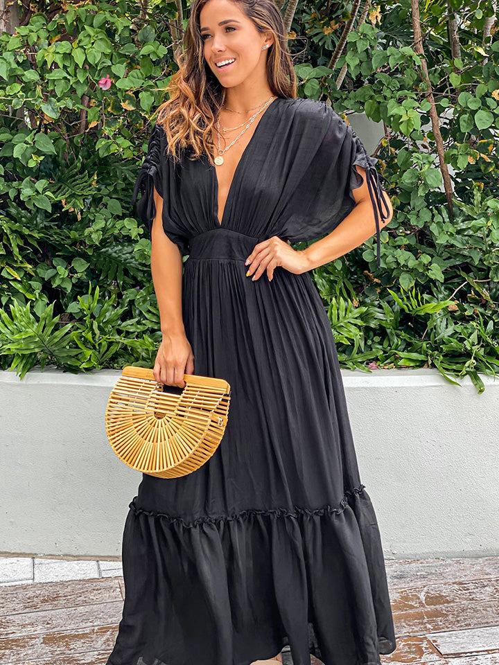 Plunge Neck Tie Sleeve Maxi Dress - AllIn Computer