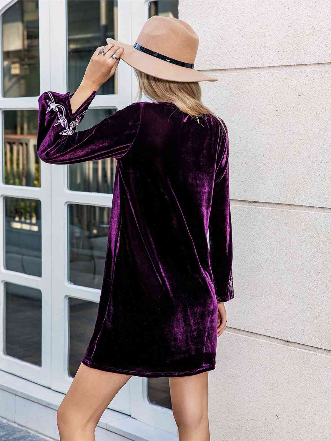 V-Neck Long Slit Sleeve Mini Dress - AllIn Computer