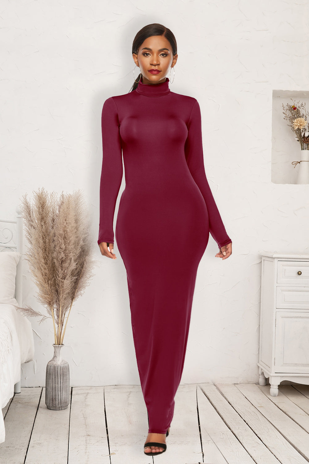 Mock Neck Long Sleeve Maxi Slim Dress - AllIn Computer