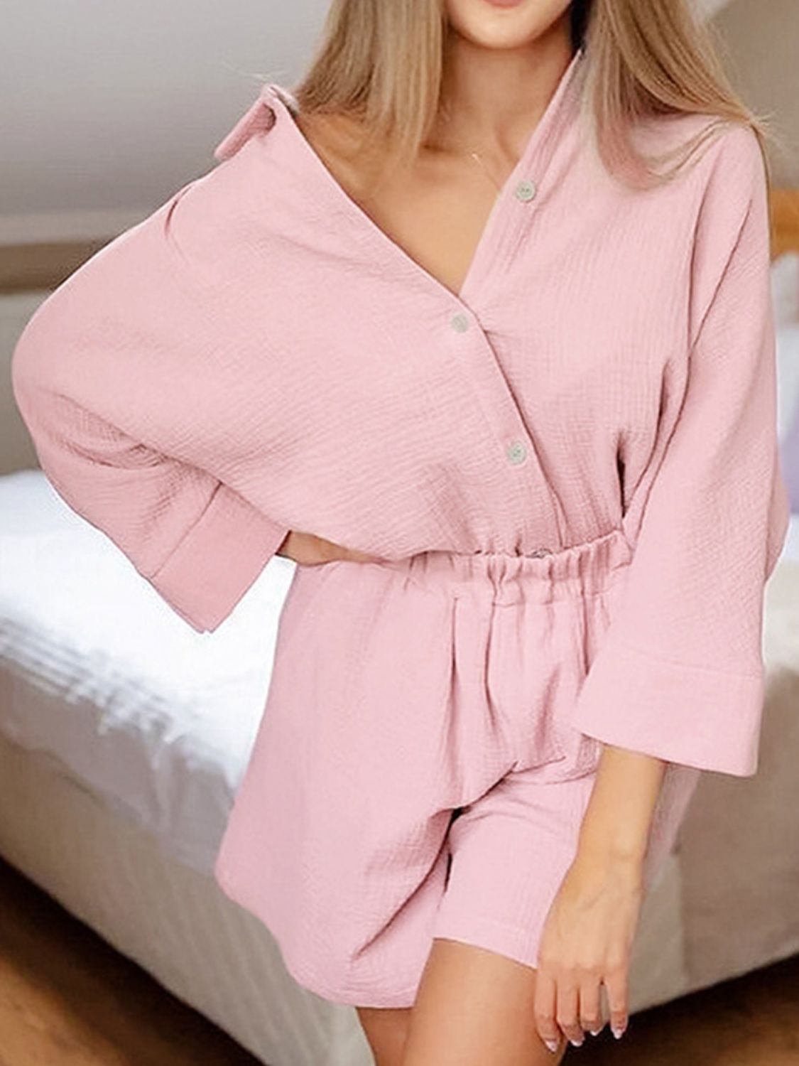 Texture Button Up Shirt and Shorts Set - AllIn Computer