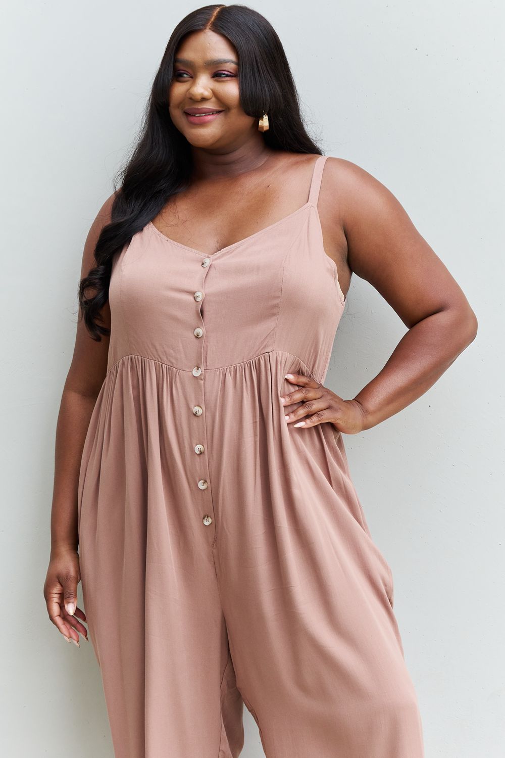 HEYSON All Day Full Size Wide Leg Button Down Jumpsuit in Mocha - AllIn Computer