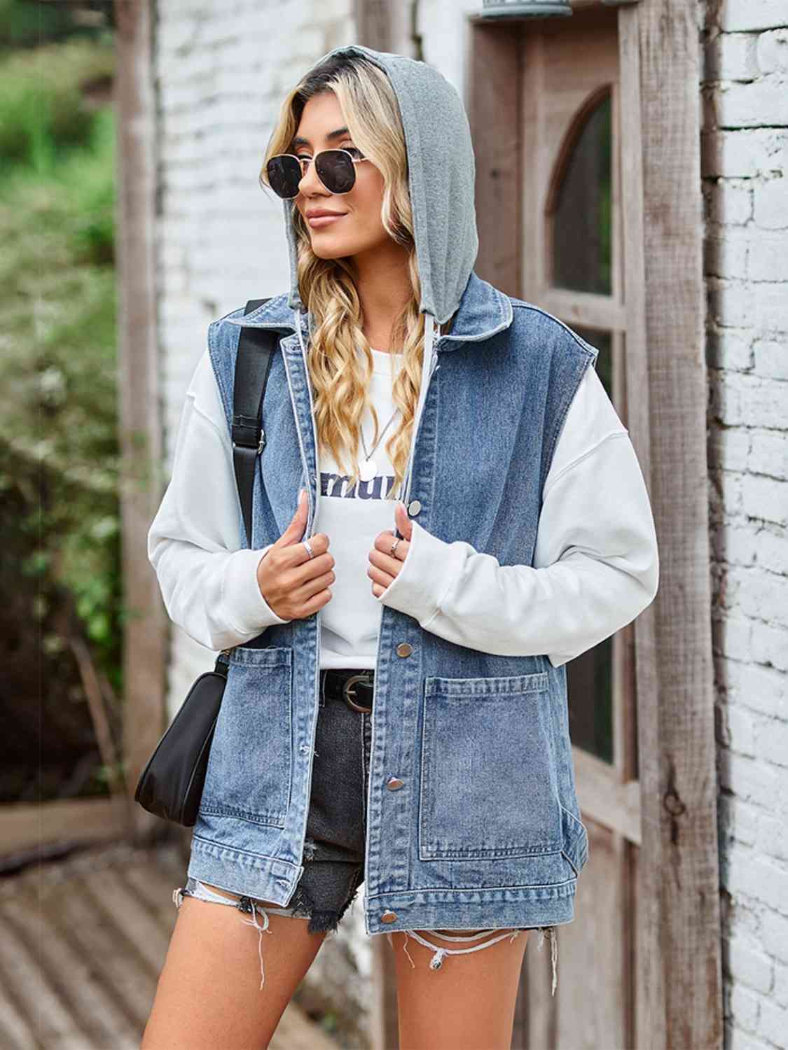 Button Up Sleeveless Denim Jacket with Pockets - AllIn Computer