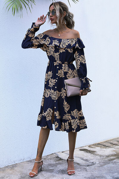 Ruffled Printed Off-Shoulder Midi Dress - AllIn Computer