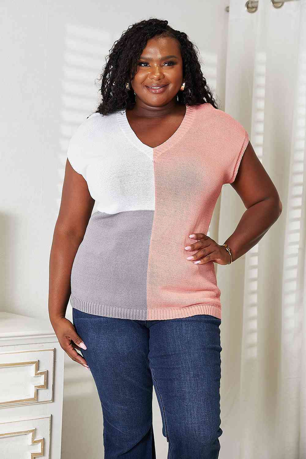 Double Take Color Block V-Neck Knit Top - AllIn Computer