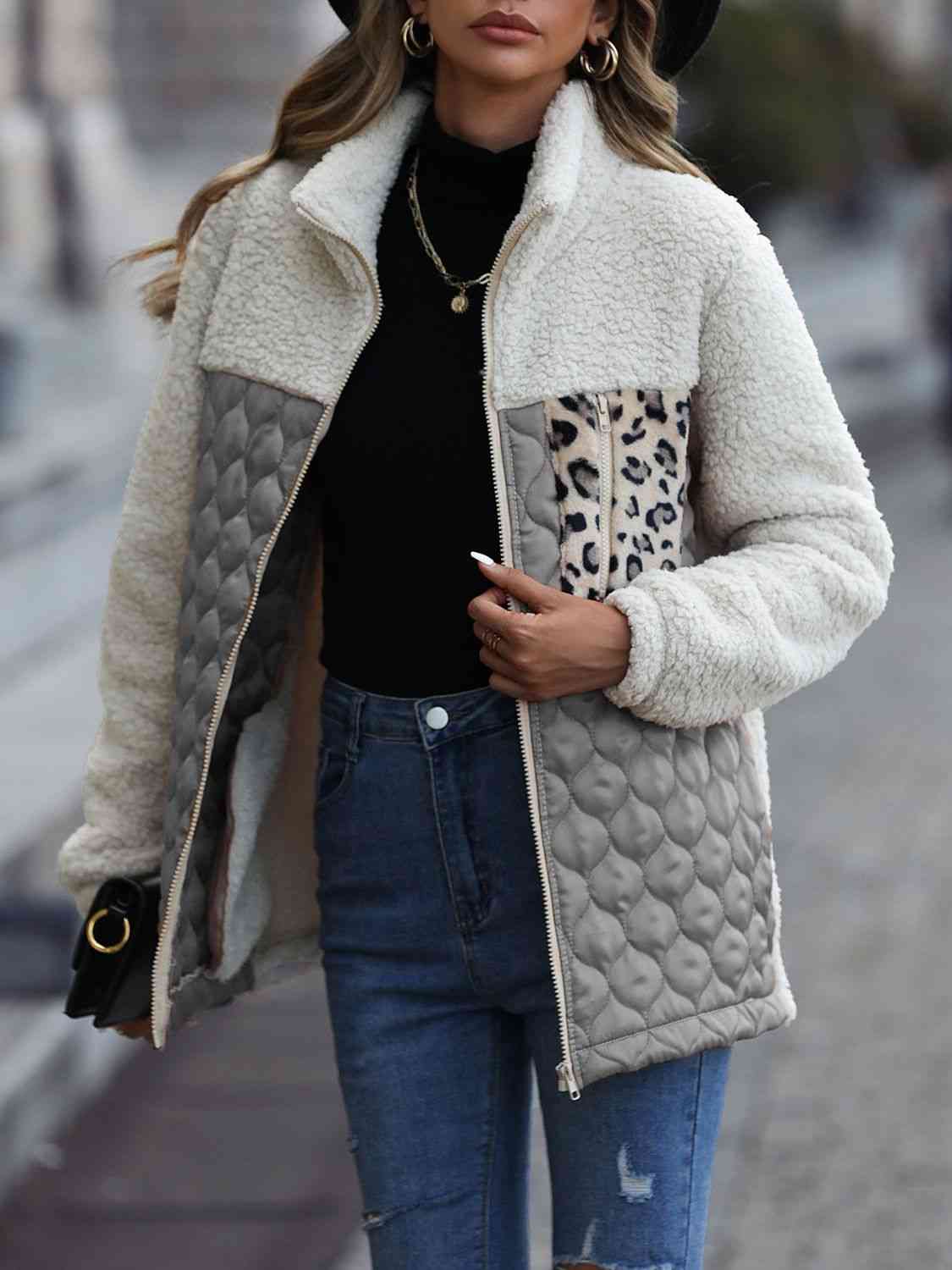 Leopard Color Block Zip-Up Jacket - AllIn Computer