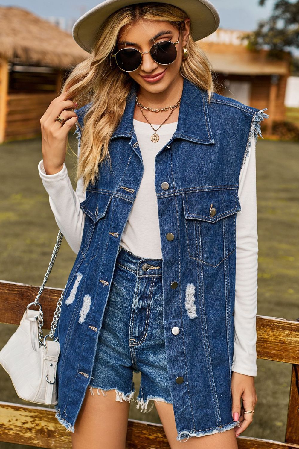 Sleeveless Button-Up Collared Denim Top with Pockets - AllIn Computer
