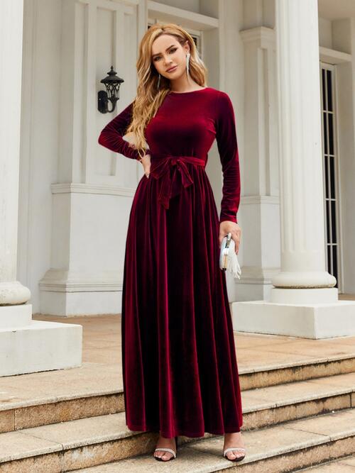 Tie Front Round Neck Long Sleeve Maxi Dress - AllIn Computer