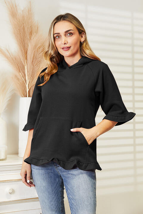 Ninexis Full Size Raglan Sleeve Ruffled Hoodie with Pocket - AllIn Computer