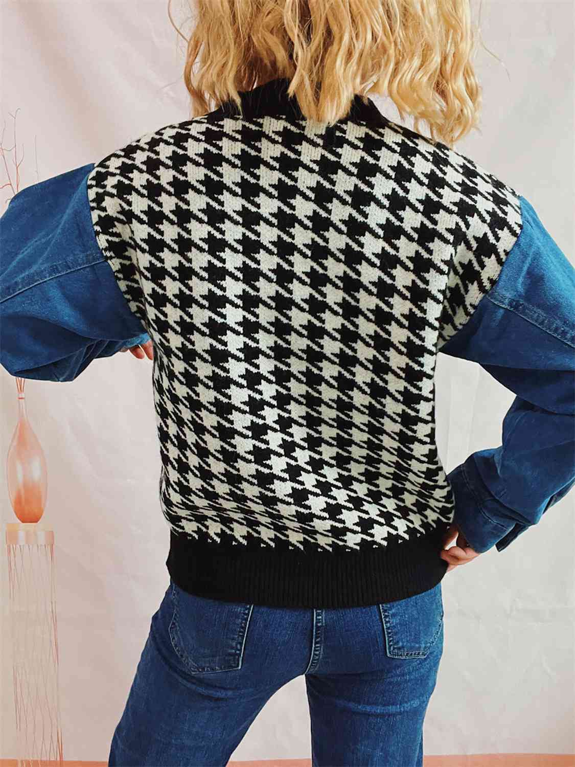 Houndstooth Denim Sleeve Sweater - AllIn Computer