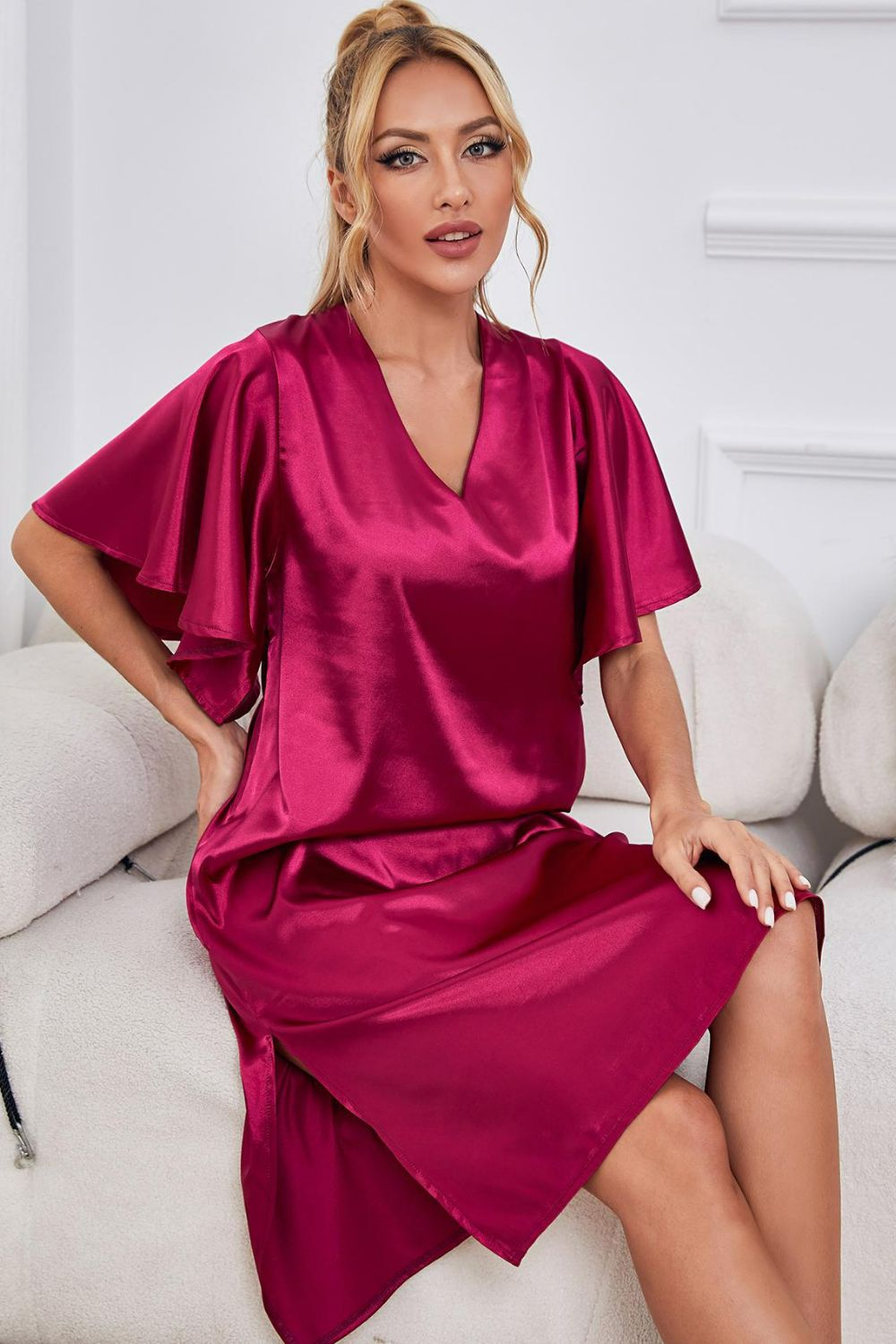 Satin Flutter Sleeve Side Slit V-Neck Night Dress - AllIn Computer