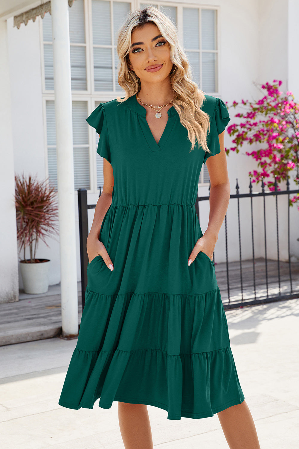 Ruched Notched Cap Sleeve Dress - AllIn Computer