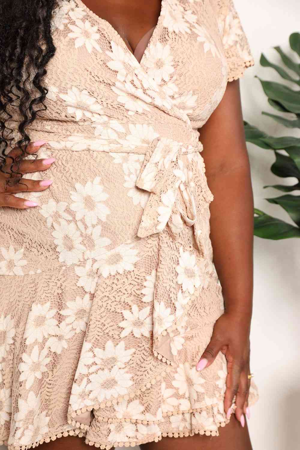 Double Take Floral Lace Pompom Detail Tie-Waist Flutter Sleeve Dress - AllIn Computer