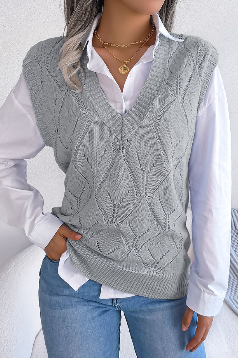 Openwork Ribbed Trim Sweater Vest - AllIn Computer