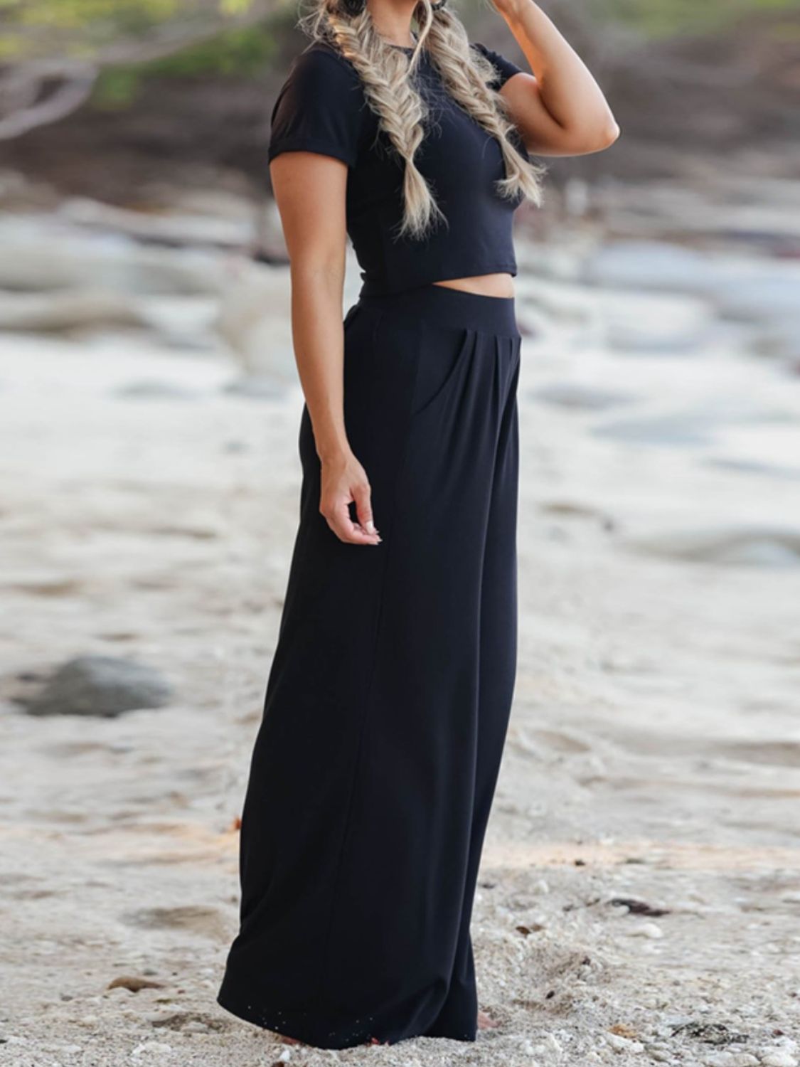 Round Neck Short Sleeve Top and Pocketed Pants Set - AllIn Computer