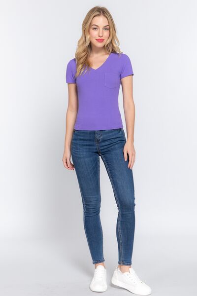ACTIVE BASIC V-Neck Ribbed Short Sleeve Knit T-Shirt - AllIn Computer